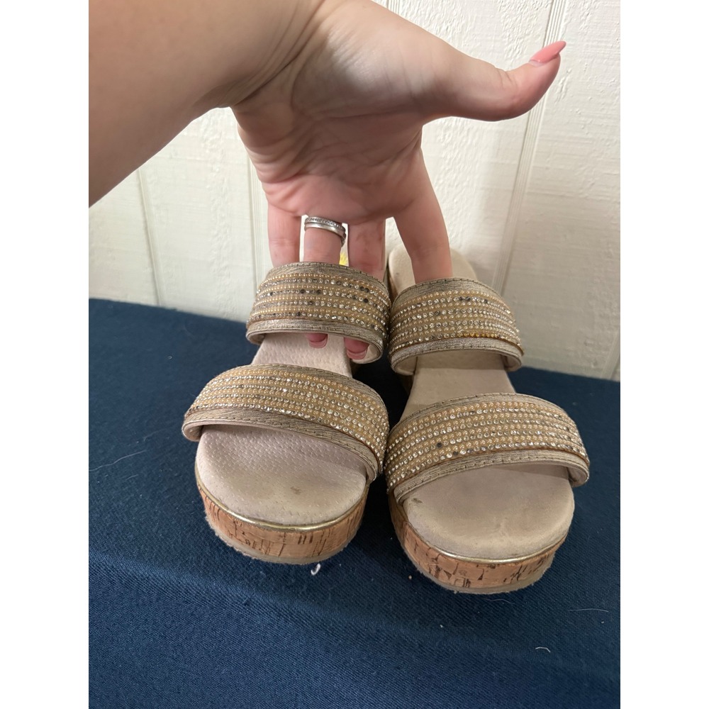 Volatile Womens Rhinestone Pearl Cork Wedge Sandals Gold Champagne Size 8